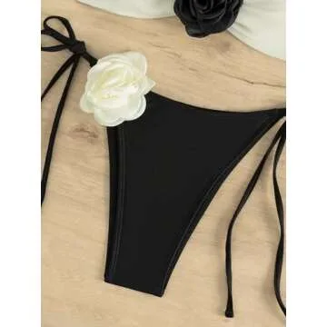 MakeMeChic Women's 2 Piece Bandeau Swimsuit 3D Floral Tie Side High Cut Bikini Set Bathing Suit Black and White XS
