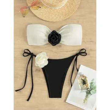 MakeMeChic Women's 2 Piece Bandeau Swimsuit 3D Floral Tie Side High Cut Bikini Set Bathing Suit Black and White XS