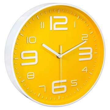 45MinST 10 Inch 3D Number Dial Face Modern Wall Clock, Silent Non-Ticking Round Home Decor Wall Clock with Arabic Numerals, Colorful Dial Face (Yellow)