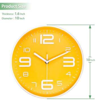 45MinST 10 Inch 3D Number Dial Face Modern Wall Clock, Silent Non-Ticking Round Home Decor Wall Clock with Arabic Numerals, Colorful Dial Face (Yellow)