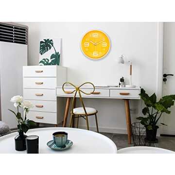 45MinST 10 Inch 3D Number Dial Face Modern Wall Clock, Silent Non-Ticking Round Home Decor Wall Clock with Arabic Numerals, Colorful Dial Face (Yellow)