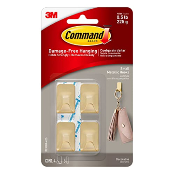 Command Small Metallic Hooks Brass Color, 4 Hooks and 5 Command Strips, Damage Free Wall Hooks with ...