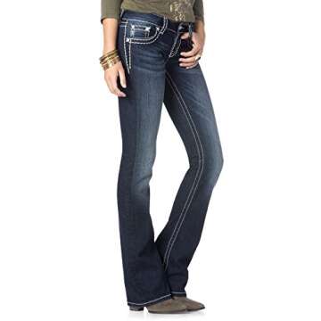 Miss Me Women's Loose Saddle Stitch Border Boot Cut Jean, Dark Blue, 33W x 32L