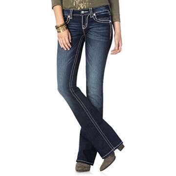 Miss Me Women's Loose Saddle Stitch Border Boot Cut Jean, Dark Blue, 33W x 32L