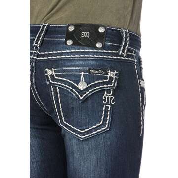 Miss Me Women's Loose Saddle Stitch Border Boot Cut Jean, Dark Blue, 33W x 32L