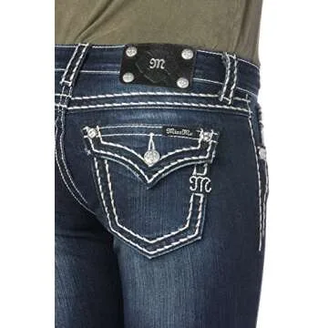 Miss Me Women's Loose Saddle Stitch Border Boot Cut Jean, Dark Blue, 33W x 32L