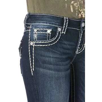 Miss Me Women's Loose Saddle Stitch Border Boot Cut Jean, Dark Blue, 33W x 32L