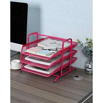 EasyPAG Desk Organizer Tray with 3 Sliding Trays for Letters Documents Mail Files Paper, Pink