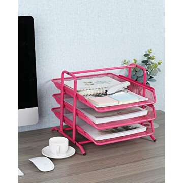 EasyPAG Desk Organizer Tray with 3 Sliding Trays for Letters Documents Mail Files Paper, Pink