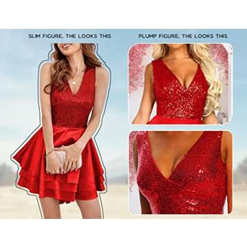Lrady Women's Sequin Glitter V Neck Skater Mini Club Cocktail Party Swing Dress, Red, Small