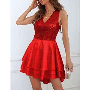 Lrady Women's Sequin Glitter V Neck Skater Mini Club Cocktail Party Swing Dress, Red, Small