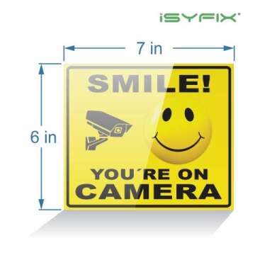 iSYFIX Smile You're on Camera Stickers for Business – 4 Pack 7x6 Inch – Self-Adhesive Vinyl Deca...