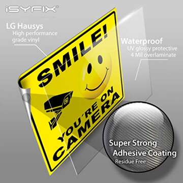 iSYFIX Smile You're on Camera Stickers for Business – 4 Pack 7x6 Inch – Self-Adhesive Vinyl Decal, Laminated for Ultimate UV Protection, Fade Resistance, Security Camera Sign for Home, Business, CCTV