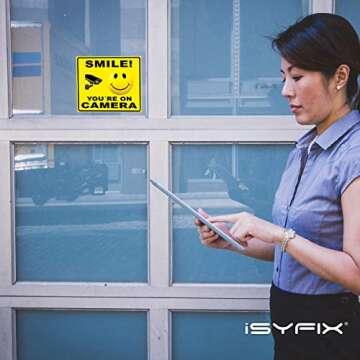 iSYFIX Smile You're on Camera Stickers for Business – 4 Pack 7x6 Inch – Self-Adhesive Vinyl Decal, Laminated for Ultimate UV Protection, Fade Resistance, Security Camera Sign for Home, Business, CCTV