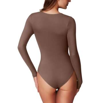 Womens Sexy Square Neck Double Lined Seamless Fitted Shirts Stretchy Long Sleeve Bodysuit Tops Coffee Small