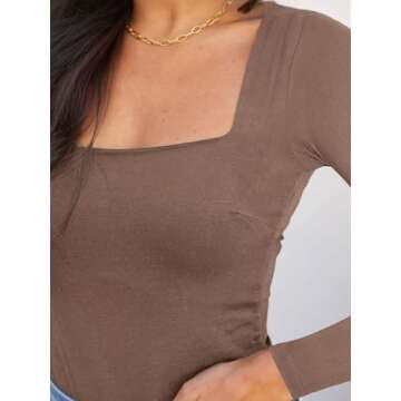 Womens Sexy Square Neck Double Lined Seamless Fitted Shirts Stretchy Long Sleeve Bodysuit Tops Coffee Small