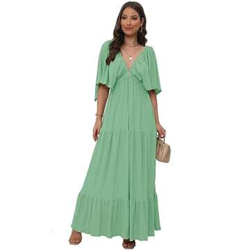 Women's V-Neck Maxi Dress with Flutter Sleeves for Summer