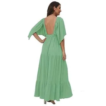 Women's V-Neck Maxi Dress with Flutter Sleeves for Summer