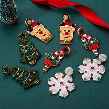 4Pairs Christmas Earrings for Women Holiday Earrings Handmade Christmas Tree Earrings Beaded Snowfla...