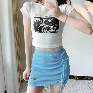 Meladyan Women Cute Letter Print Short Sleeve Crop Tee Shirt Top Crewneck Slim Fit T-Shrits 90s Egirls Streetwear Classic White