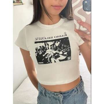 Meladyan Women Cute Letter Print Short Sleeve Crop Tee Shirt Top Crewneck Slim Fit T-Shrits 90s Egirls Streetwear Classic White