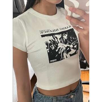 Meladyan Women Cute Letter Print Short Sleeve Crop Tee Shirt Top Crewneck Slim Fit T-Shrits 90s Egirls Streetwear Classic White