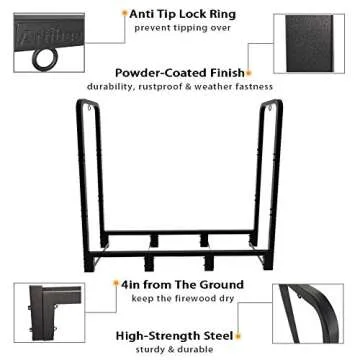 Artibear 4ft Outdoor Firewood Rack, Upgraded Adjustable Heavy Duty Logs Stand Stacker Holder for Fireplace - Metal Lumber Storage Carrier Organizer, Bright Black