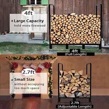 Artibear 4ft Outdoor Firewood Rack, Upgraded Adjustable Heavy Duty Logs Stand Stacker Holder for Fireplace - Metal Lumber Storage Carrier Organizer, Bright Black