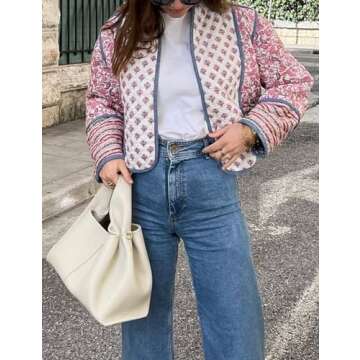 Wyeysyt Women's Valentines Day Cropped Puffer Quilted Jacket Cardigan Floral Printed Lightweight Long Sleeve Open Front Coats(Pink-L)