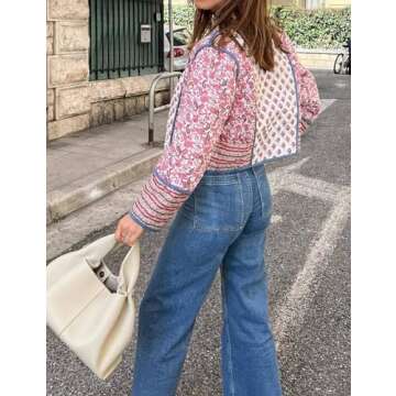 Wyeysyt Women's Valentines Day Cropped Puffer Quilted Jacket Cardigan Floral Printed Lightweight Long Sleeve Open Front Coats(Pink-L)