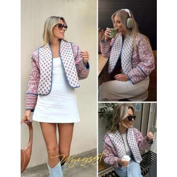 Wyeysyt Women's Valentines Day Cropped Puffer Quilted Jacket Cardigan Floral Printed Lightweight Long Sleeve Open Front Coats(Pink-L)