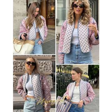 Wyeysyt Women's Valentines Day Cropped Puffer Quilted Jacket Cardigan Floral Printed Lightweight Long Sleeve Open Front Coats(Pink-L)