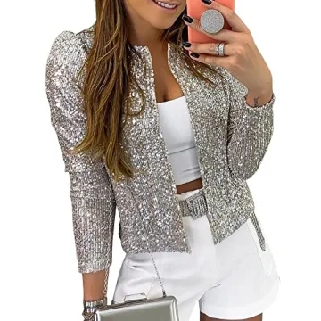 Trendy Cololura Sequin Open Front Jacket for Women