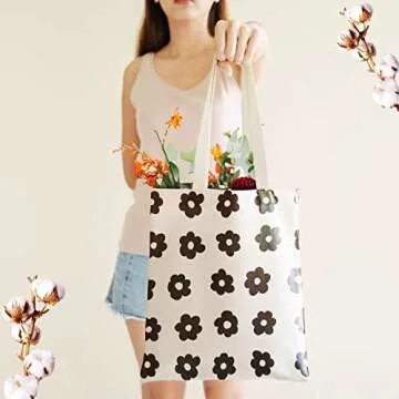 BeeGreen Black Plumeria Canvas Tote Bag with 2 Inner Pocket 12 oz Aesthetic Tote Bag Portable Washable for Women Grocery Shopping Gift Bag for Birthday Children's Day Mother's Day Teachers' Day