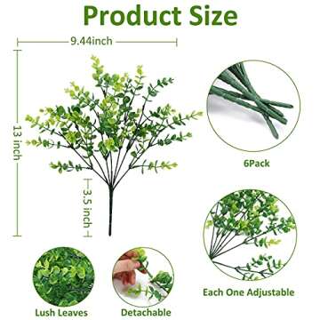 THE BLOOM TIMES Artificial Boxwood (Pack of 6), Artificial Greenery Stems Fake Outdoor Plants UV Res...