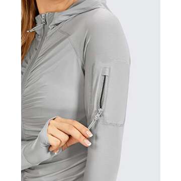 CRZ YOGA Women's UPF 50+ Long Sleeve Rash Guard Ruched - Zipper Front Hoodie Swimsuit Cover Ups Quick Dry Swim Shirts