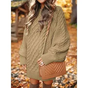 ANRABESS Women Long Sleeve Oversized Cable Knit Chunky Baggy Loose Pullover Tunic Mini Sweater Dress 2025 Trendy Fall Outfits Khaki Large