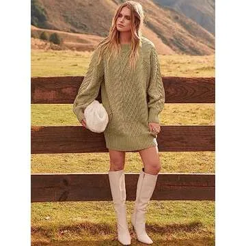 ANRABESS Women Long Sleeve Oversized Cable Knit Chunky Baggy Loose Pullover Tunic Mini Sweater Dress 2025 Trendy Fall Outfits Khaki Large