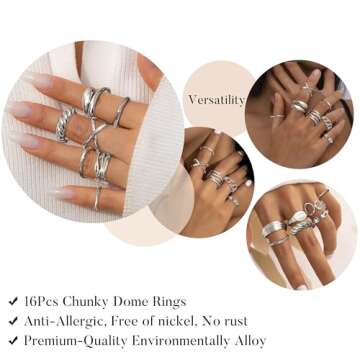 HAIAISO 16Pcs Silver Done Chunky Rings for Women 18K Gold Plated Open Braided Twisted Round Signet Statement Rings Adjustable Stackable Rings set Size 5-9