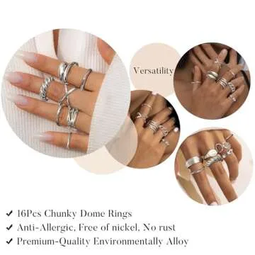 HAIAISO 16Pcs Silver Done Chunky Rings for Women 18K Gold Plated Open Braided Twisted Round Signet Statement Rings Adjustable Stackable Rings set Size 5-9