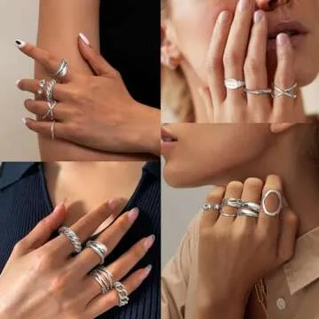 HAIAISO 16Pcs Silver Done Chunky Rings for Women 18K Gold Plated Open Braided Twisted Round Signet Statement Rings Adjustable Stackable Rings set Size 5-9