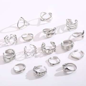 HAIAISO 16Pcs Silver Done Chunky Rings for Women 18K Gold Plated Open Braided Twisted Round Signet Statement Rings Adjustable Stackable Rings set Size 5-9