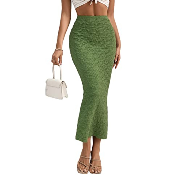 GORGLITTER Women's Texture Bodycon Maxi Skirt - High Waist Pencil Long Skirts in Lime Green