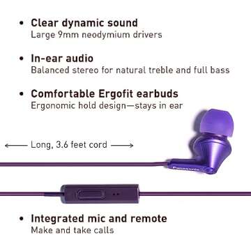 Panasonic ErgoFit Wired Earbuds, In-Ear Headphones with Microphone and Call Controller, Ergonomic Cu...