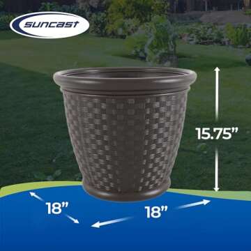 Suncast Sonora 18 Inch Plastic Wicker Decorative Garden Flower Planter Planting Pots for Garden, Backyard, Indoor and Outdoor Use, Brown (4 Pack)
