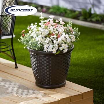 Suncast Sonora 18 Inch Plastic Wicker Decorative Garden Flower Planter Planting Pots for Garden, Backyard, Indoor and Outdoor Use, Brown (4 Pack)