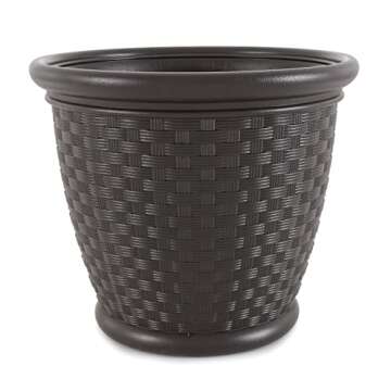 Suncast Sonora 18 Inch Plastic Wicker Decorative Garden Flower Planter Planting Pots for Garden, Backyard, Indoor and Outdoor Use, Brown (4 Pack)