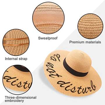 Women Straw Hat, Floppy Wide Brim Summer Sun Hats, Embroidered Cap for Bride Honeymoon Beach Party, Cruise, Vacation