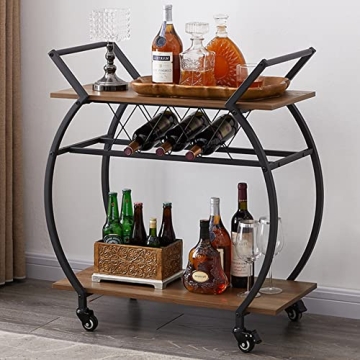 LVB Bar Cart with Wine Rack, 2 Tier Kitchen Cart on Wheels, Modern Wood and Metal Portable Coffee Ca...