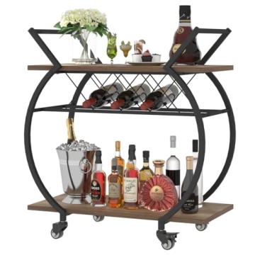 LVB Bar Cart with Wine Rack, 2 Tier Kitchen Cart on Wheels, Modern Wood and Metal Portable Coffee Cart Table for Home, Utility Industrial Mobile Serving Cart with Storage Shelf, Rustic Oak